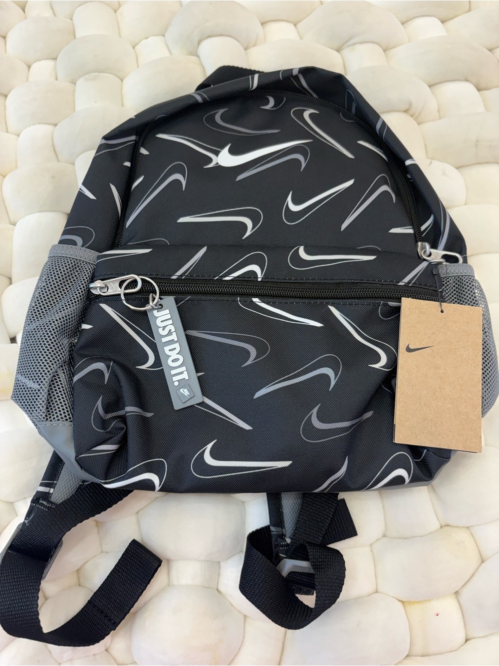 Nike Black Mini Backpack with White and Gray Swoosh Print